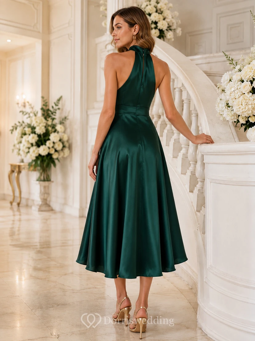 Dark Green Halter Satin A-Line Tea-Length Black-Tie Wedding Guest Dress view 2