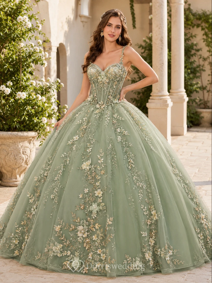 Vestido de fiesta formal de princesa para quinceañera, estilo princesa, romántico, con escote en V y tirantes finos, color verde salvia.