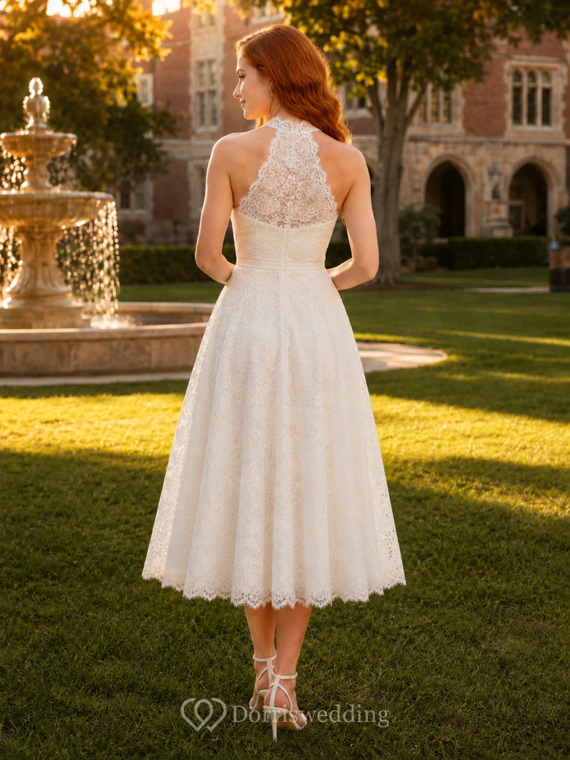 Vestido de graduación blanco de cuello alto con encaje calado y largo hasta la rodilla view 2