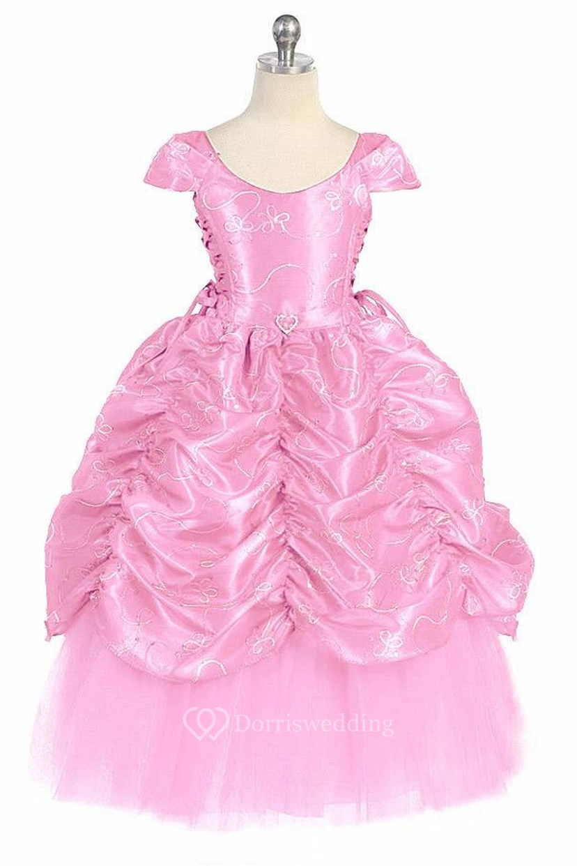 Ankle-Length Embroideried Tiered Lace&Taffeta Flower Girl Dress With Broach