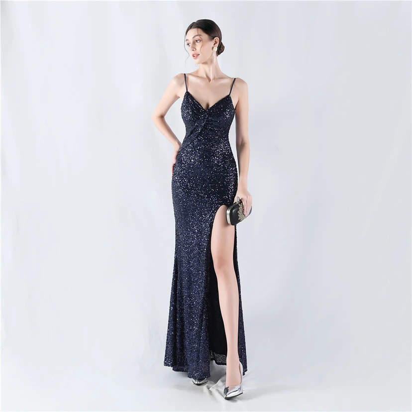 Robe de soirée sexy à sequins et fente haute, avec bretelles et encoche cryptée view 14