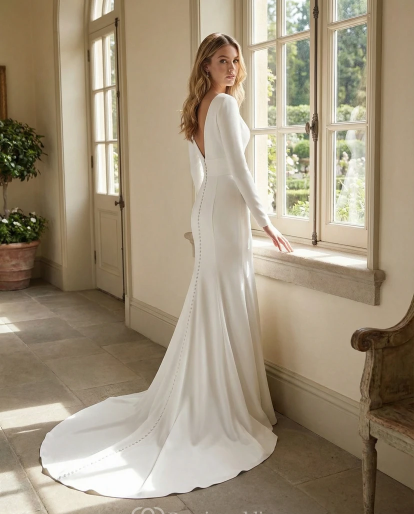 Minimalistisches Meerjungfrauen-Brautkleid aus Crêpe mit langen Ärmeln, tiefem V-Ausschnitt am Rücken und Kapellenschleppe view 2