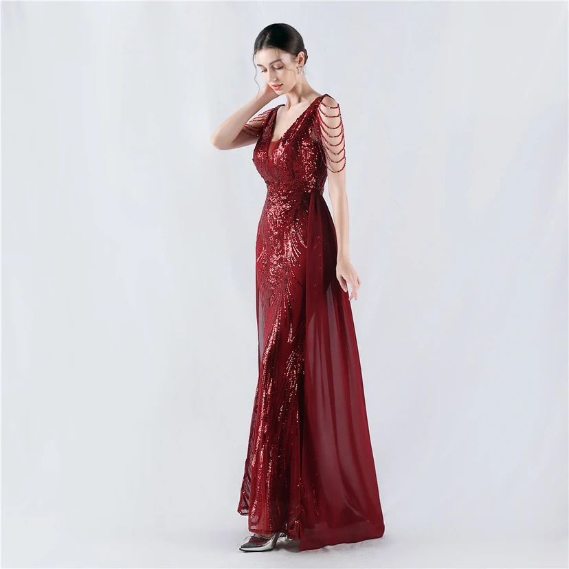 Paillettenbesetzte Blumen mit Cape-Stickerei, hochwertiges Abendkleid, ideal für die Ausrichtung der Jahrestagung view 2
