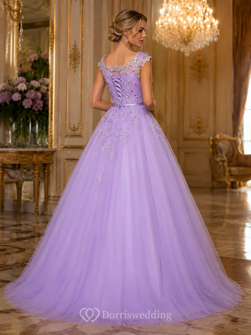 Ball Gown Floor-Length V-Neck Bell Cap Beading Flower Corset Back Tulle Lace Sequins Dress view 2