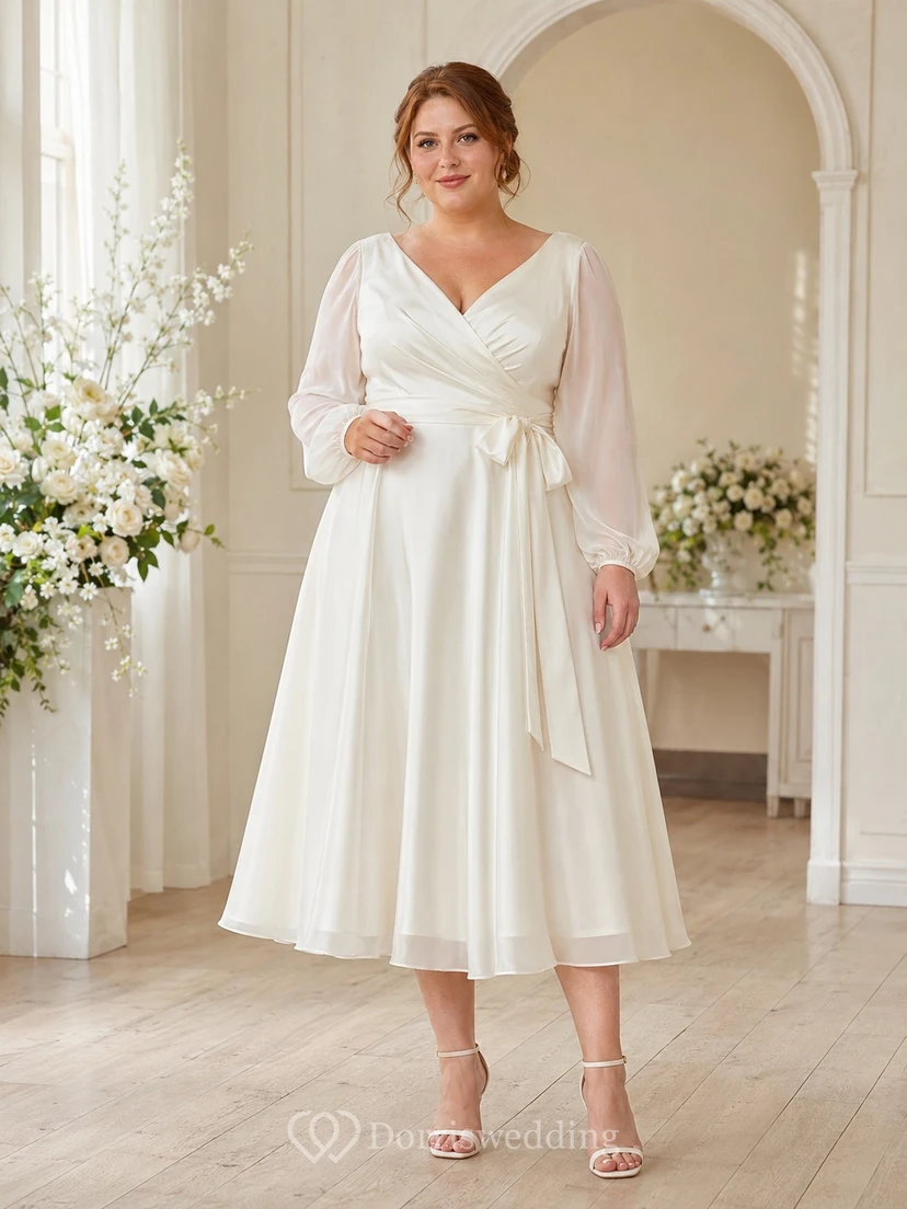 Brautkleid in Übergröße aus Satin mit Wickeloptik, V-Ausschnitt, langen Ärmeln, Schärpe, A-Linie und Teelänge