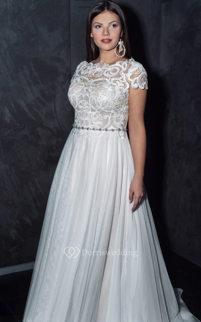 Elegantes, ärmelloses Tüll-Brautkleid in A-Linie mit Falten und Spitzenoberteil in Übergröße view 3