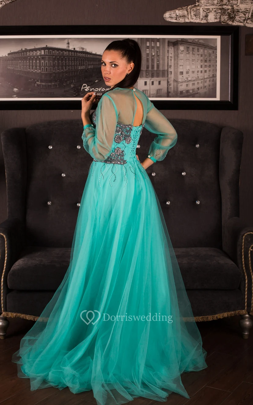 A-Line Sweep High-Neck Long Sleeve Tulle Appliques Beading Keyhole Dress view 2