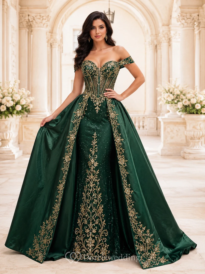 Dark Green Dance Friendly Off Shoulder Gold Embroidered Removable Satin Quinceanera Princess Ball Gown