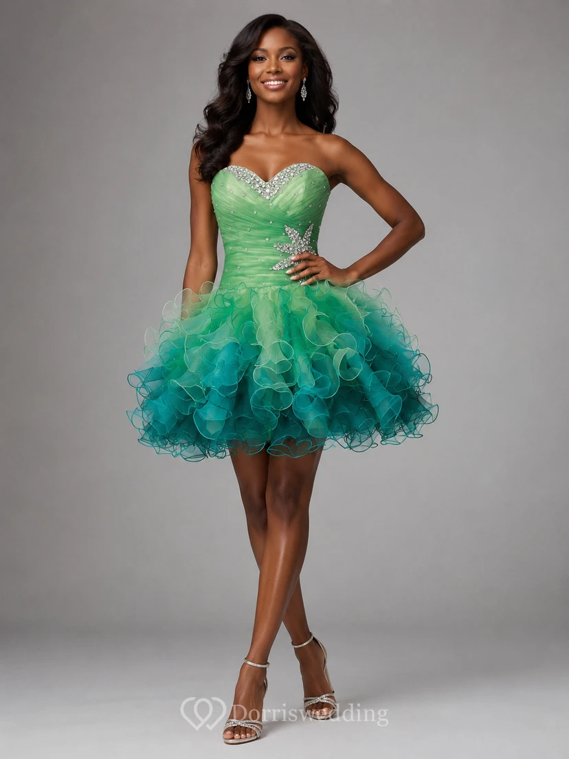 Mini-Kleid mit herzförmigem Herzausschnitt, Perlenbesatz, Rüschen und Schnürung am Rücken view 5