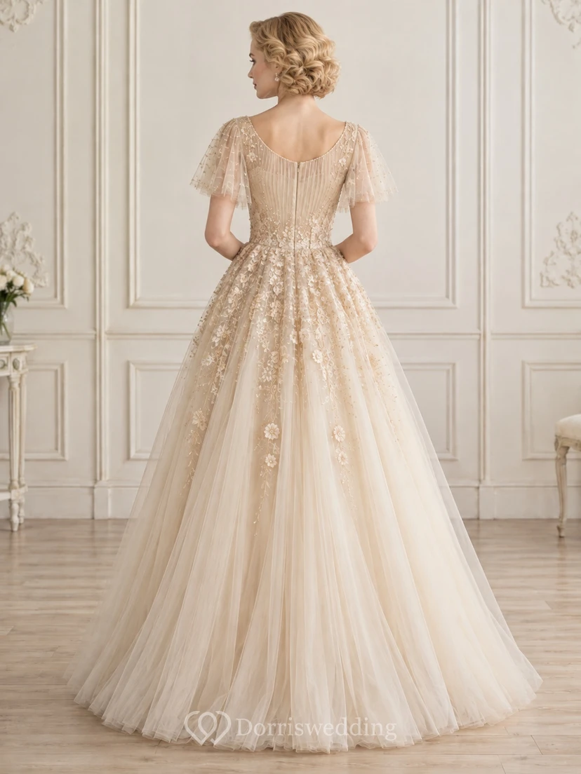 Victorian Pleated Bodice Lace Flutter Sleeve Tulle A-line Wedding Dress view 2