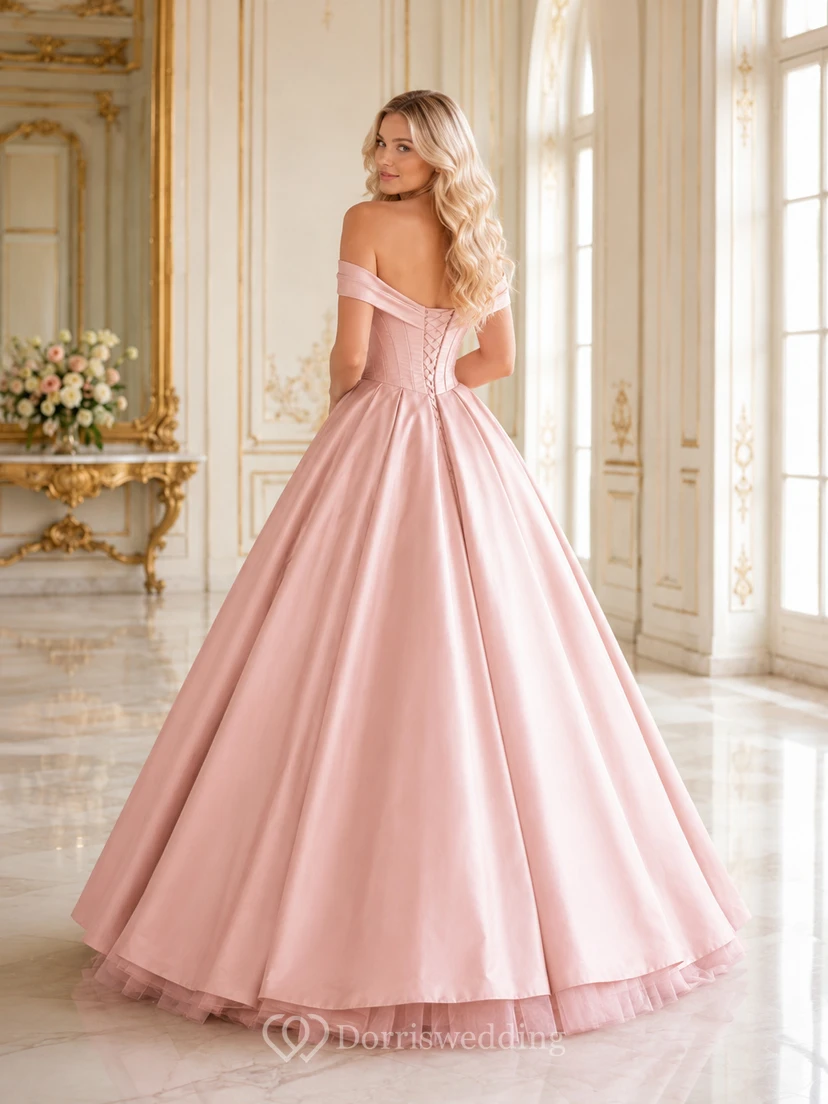 Vestido de fiesta de lujo Rose Palace Blush, largo hasta el suelo, con escote Bardot y manga corta, de satén. view 2