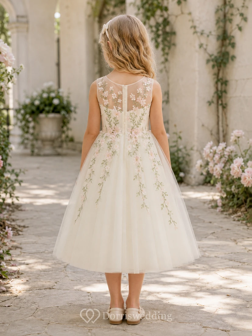 Elfenbeinfarbenes Blumenmädchenkleid mit floraler Rankenstickerei, ärmellosem Tüll-A-Linien-Schnitt, transparentem Rückenausschnitt, natürlicher Taille und wadenlangem Rock view 2