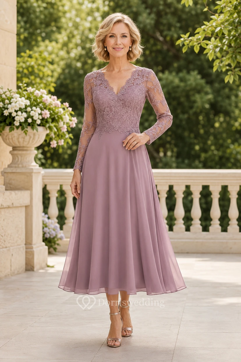 Robe de mère mi-longue à corsage en dentelle rose poudré et manches longues