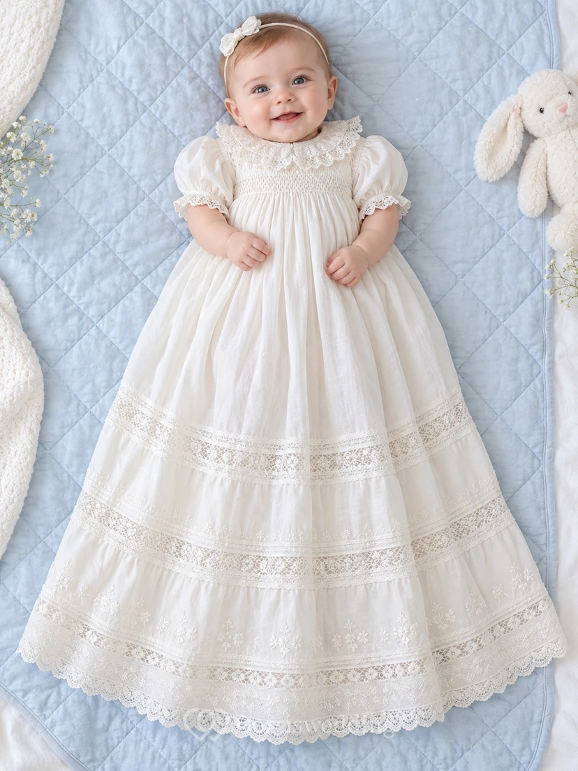 White Lace Collar Puff Sleeve Smocked Long Baby Christening Dress