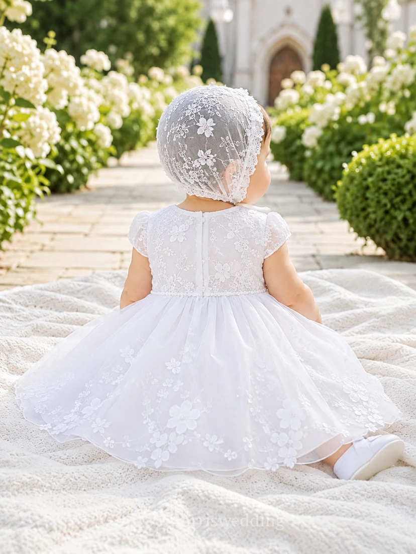 Taufkleid für Babys und die Taufzeremonie, A-Linie, Teelänge, Rundhalsausschnitt, kurze Ärmel, Tüllspitze, Knopfleiste am Rücken, Spitzenoberteil view 2