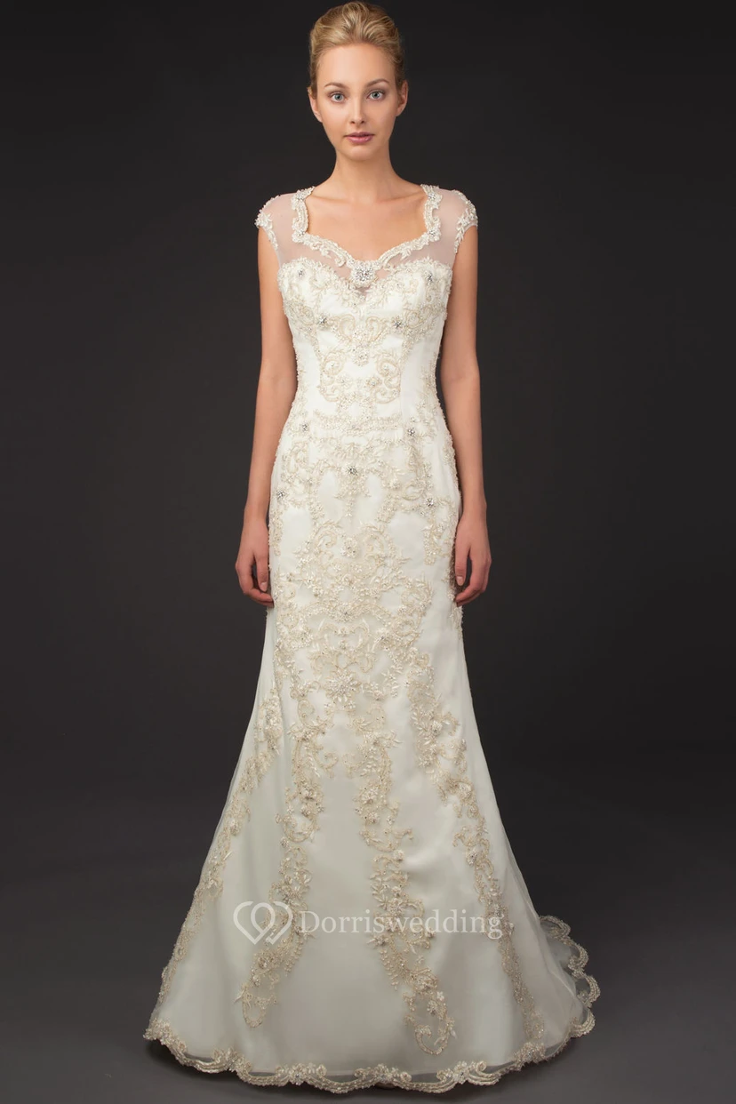 Square Neck Cap Sleeve Appliqued Tulle Wedding Dress With Brush Train