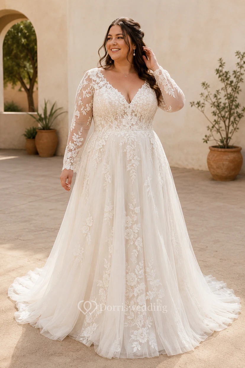 Robe de mariée grande taille à manches longues, col en V, coupe trapèze en tulle et corsage en dentelle