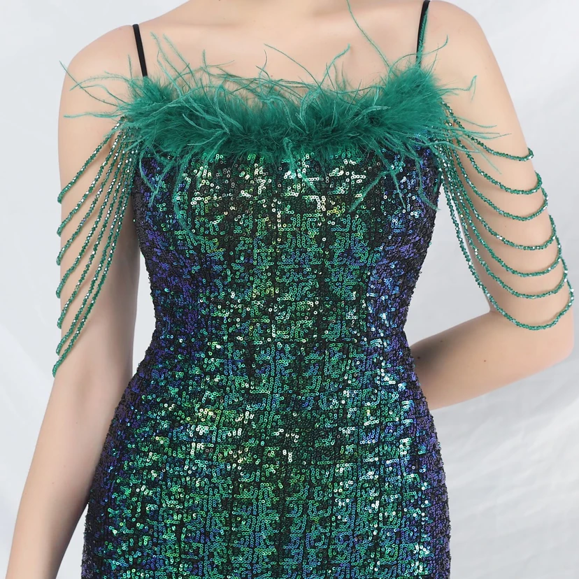 Craft Beaded Ostrich Feather Fantasy Sequined Long Evening Dress view 8