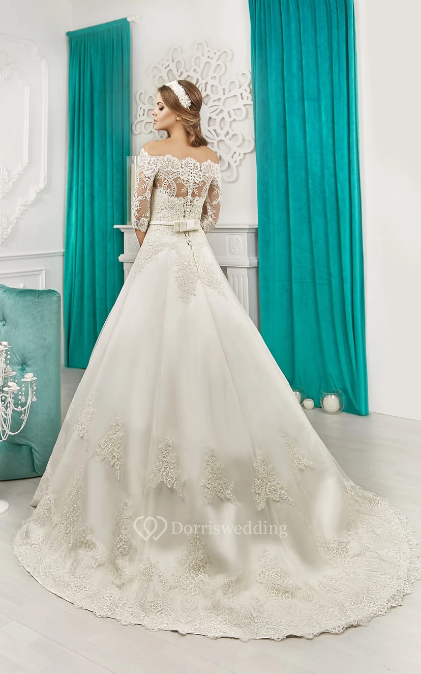 A-line Off-the-shoulder Half Sleeve Appliques Bow Dress view 4