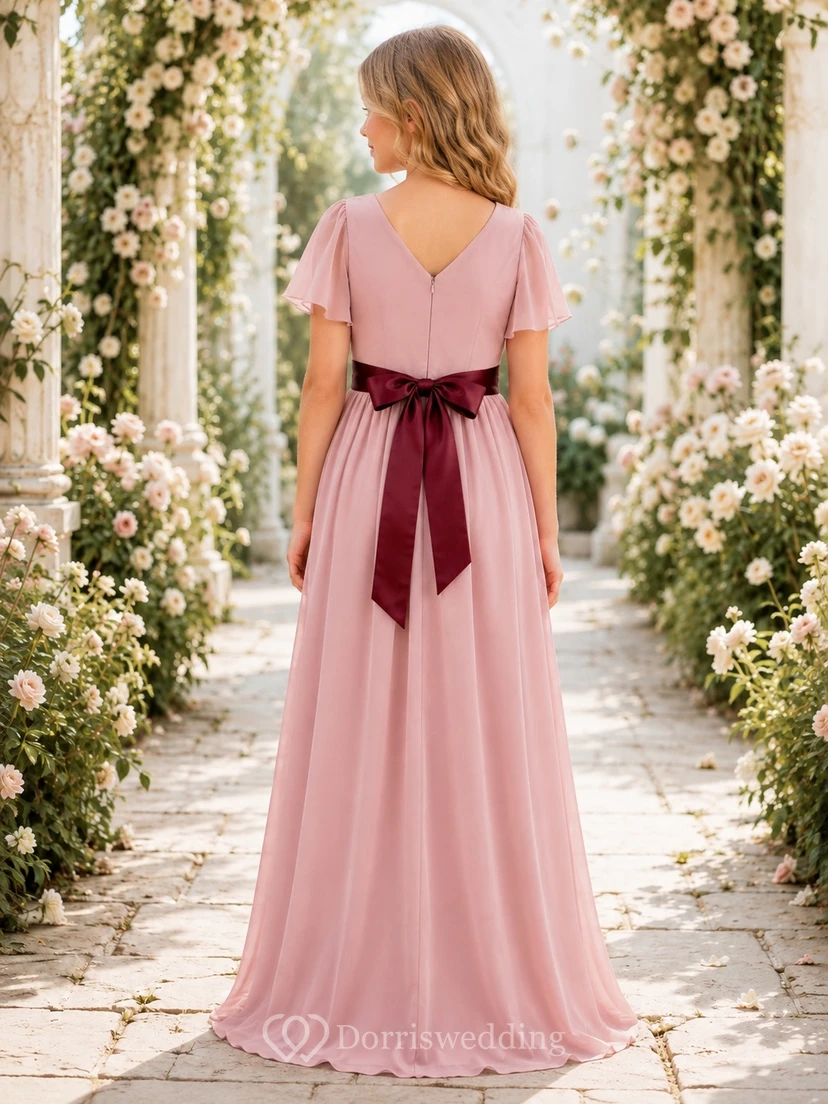 Elegantes, zartrosa Brautjungfernkleid in A-Linie mit V-Ausschnitt, kurzen Blütenblattärmeln und Schärpe/Band view 2