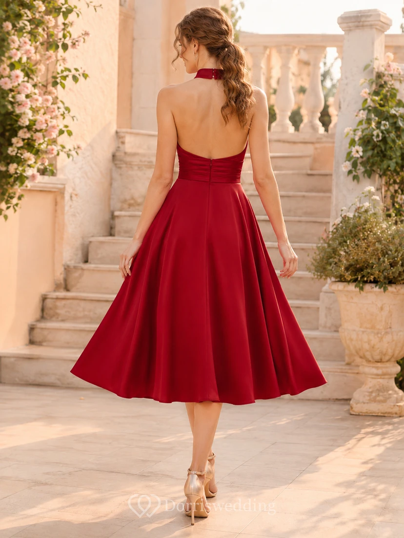 Red High Neck Halter Satin Tea-Length Reception Wedding Dress view 2
