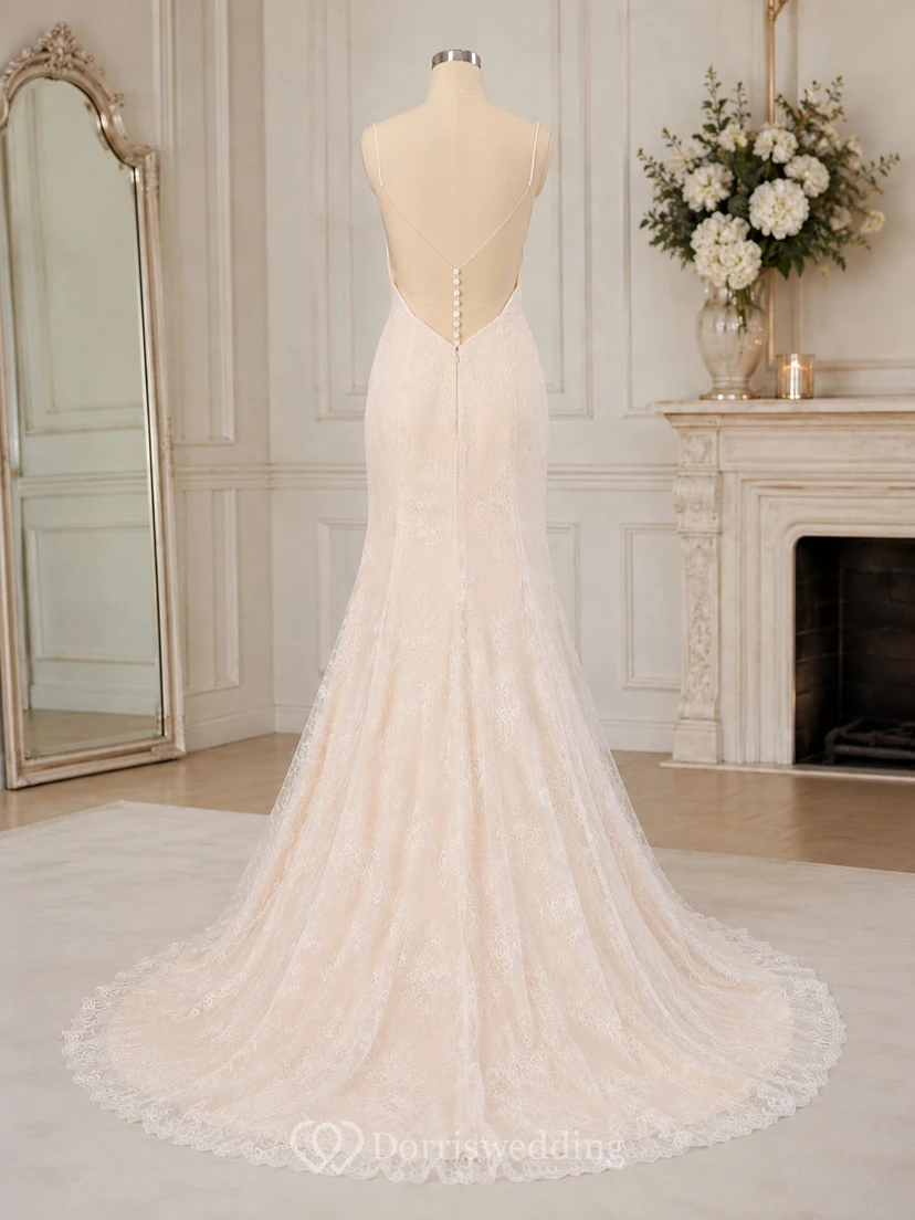 Lace Sexy Spaghetti Straps A-line Wedding Dress With Boning And Open Back view 7