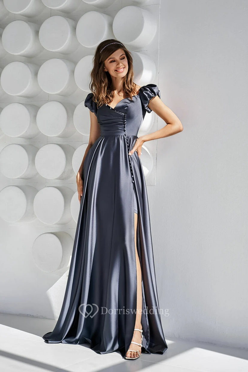 Silver Cap Cowl-neck Ruched A-line Front Split Dress