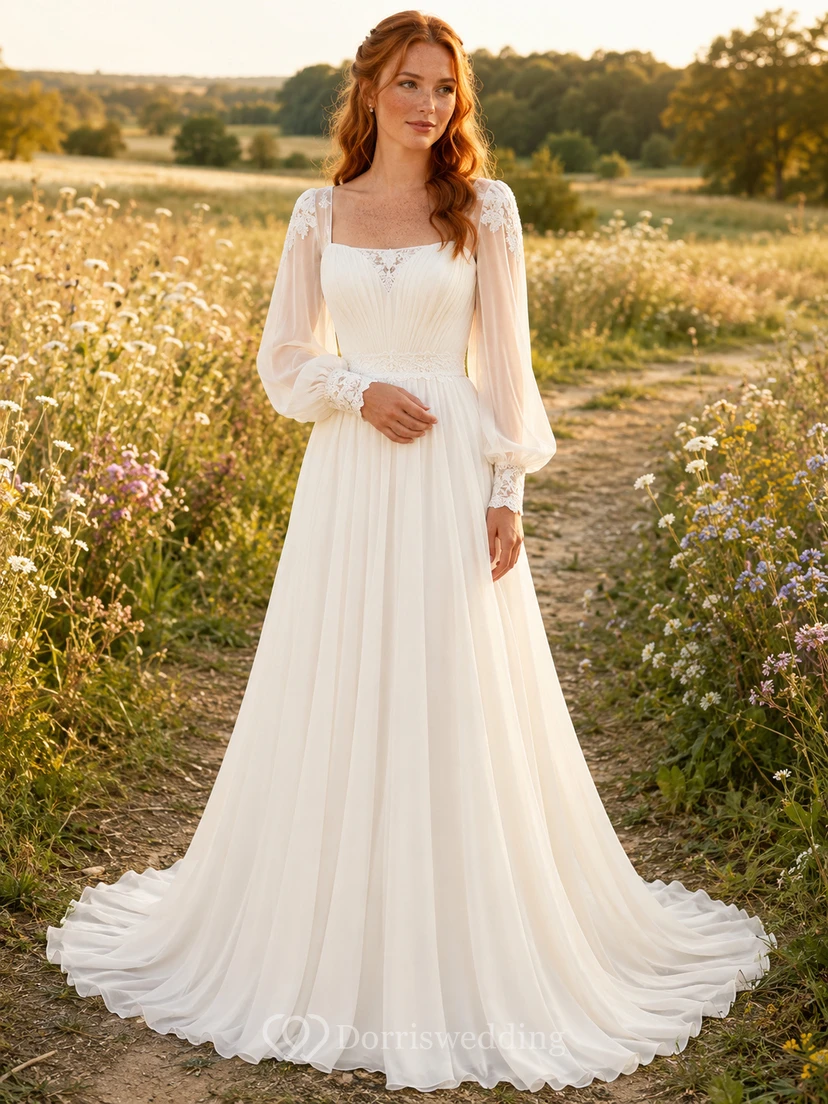 Boho Chiffon Wedding Dress A-Line Square Neck Long Sleeve Sweep Train Bridal Gown