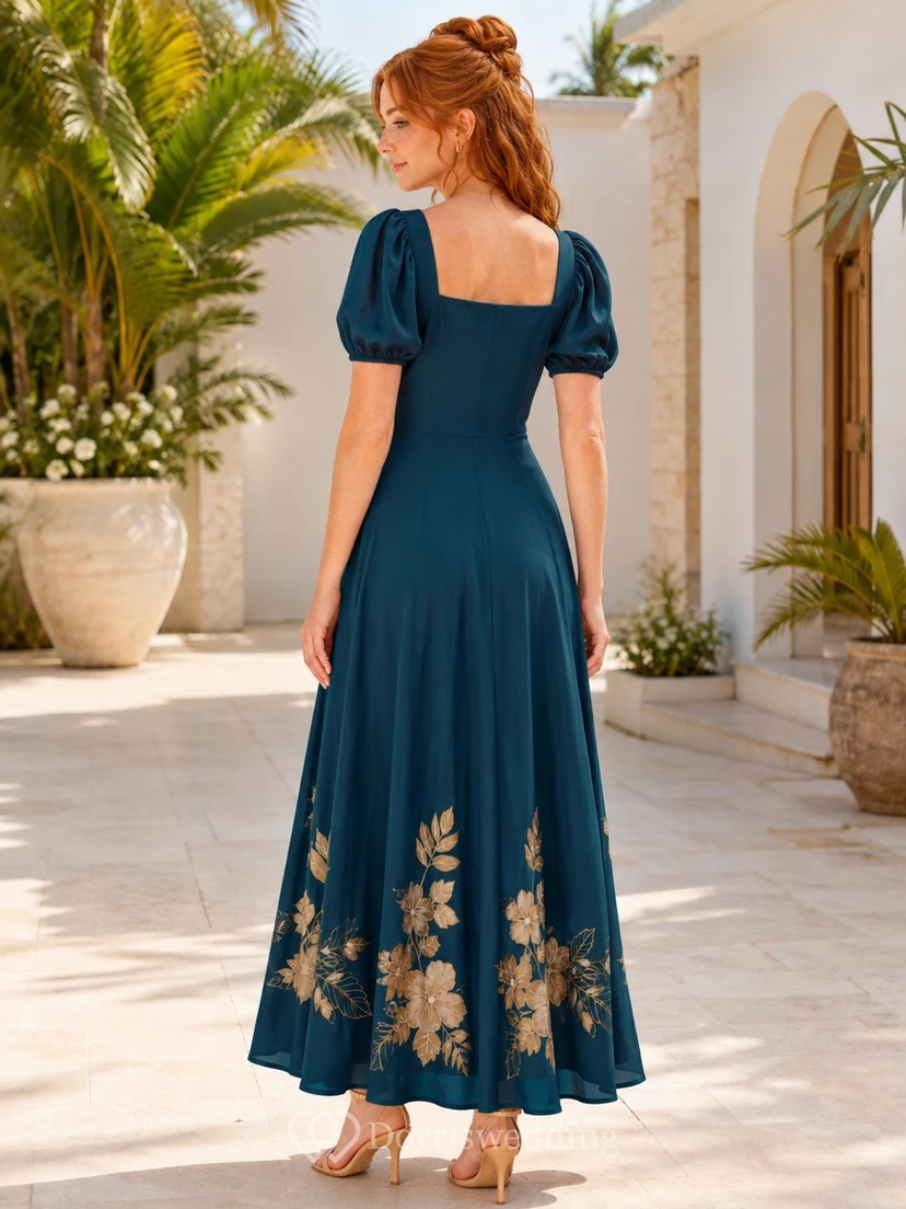 Robe midi en mousseline à manches bouffantes et col carré orné de fleurs de paon view 2