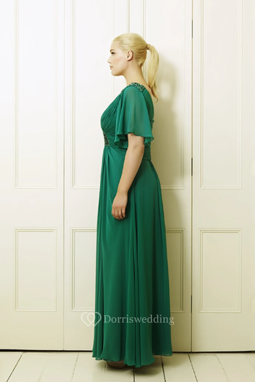 Maxi V-Neck Sleeveless Ruched Chiffon Plus Size Prom Dress With Broach view 5