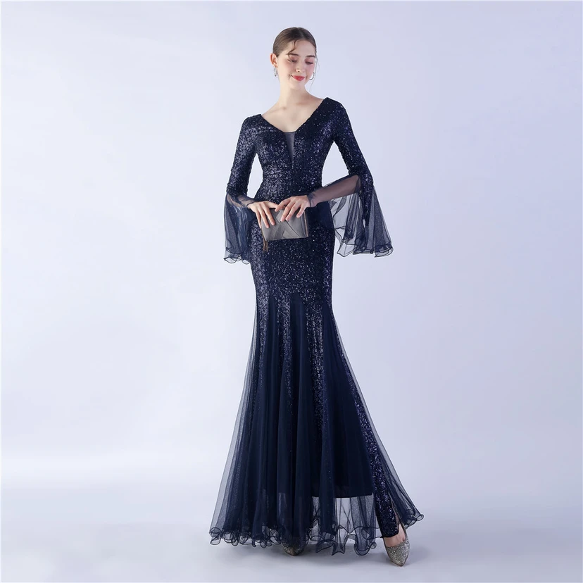 Vestido de noche con lentejuelas, bordado de malla encriptada, estilo artesanal de seda de pez y borde ondulado. view 14