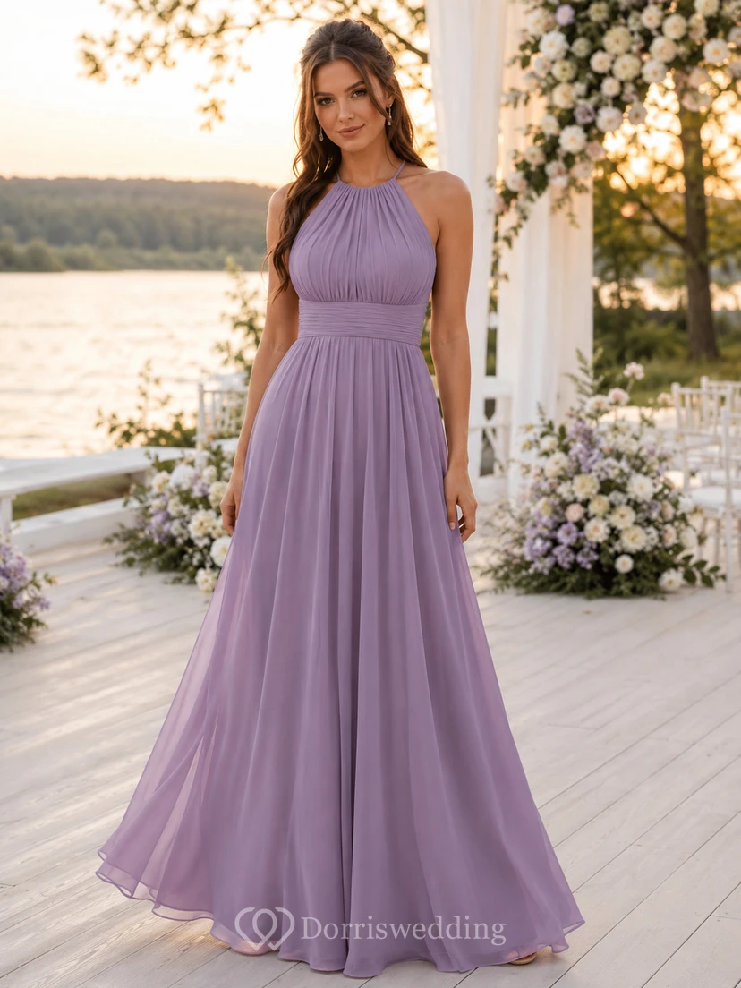Romantic Lilac Halter High Neck Chiffon A Line Bridesmaid Gown