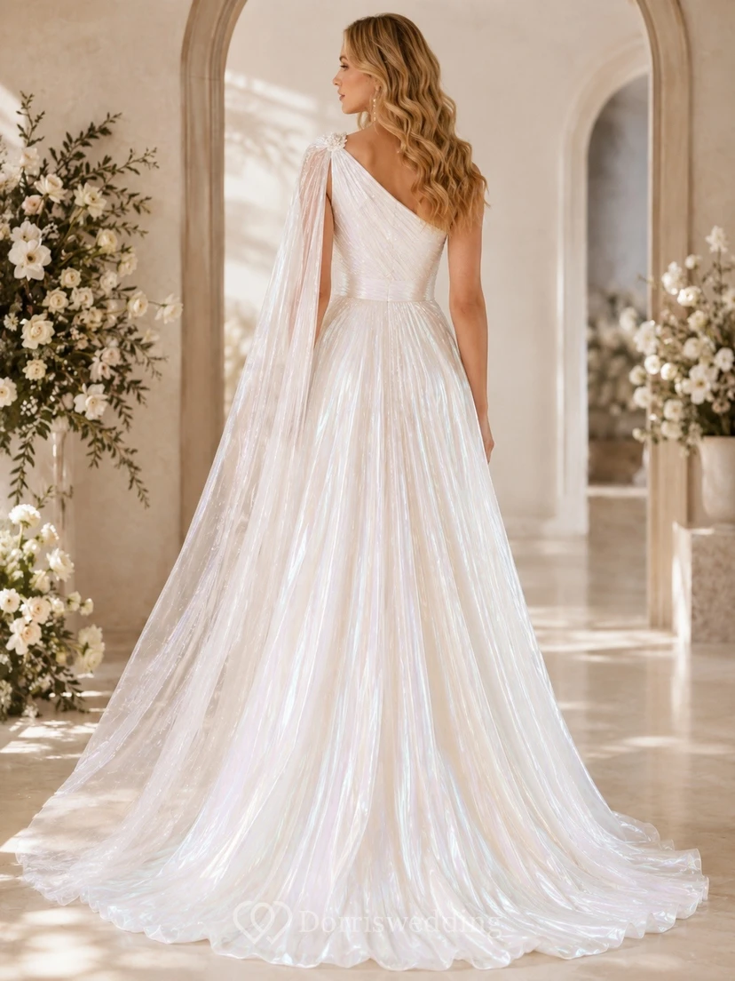 Vestido de novia formal sencillo, romántico y elegante de un solo hombro, corte en A. view 2