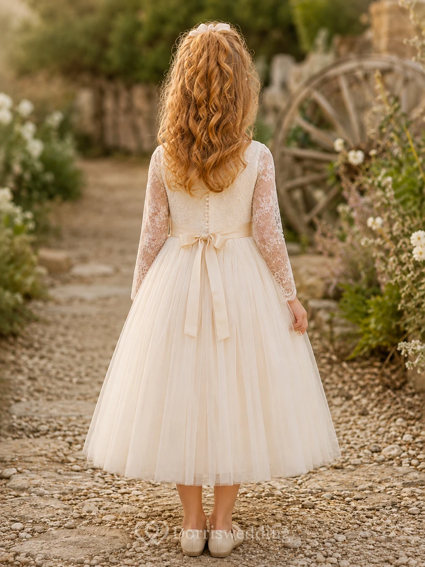 Flower Girl Dress Ivory Lace Tulle A-Line Long Sleeve Scoop Neck Tea Length view 2