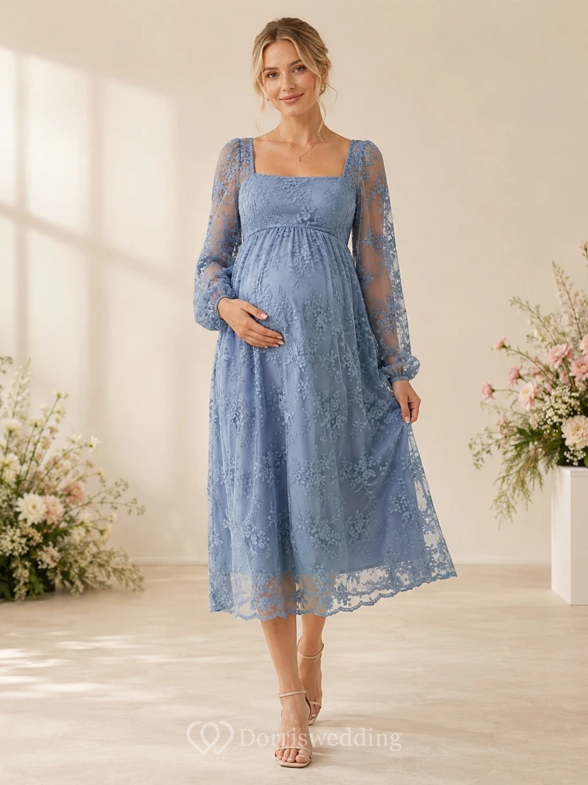 Steel Blue Floral Lace Long Sleeve Maternity Tea Length Dress