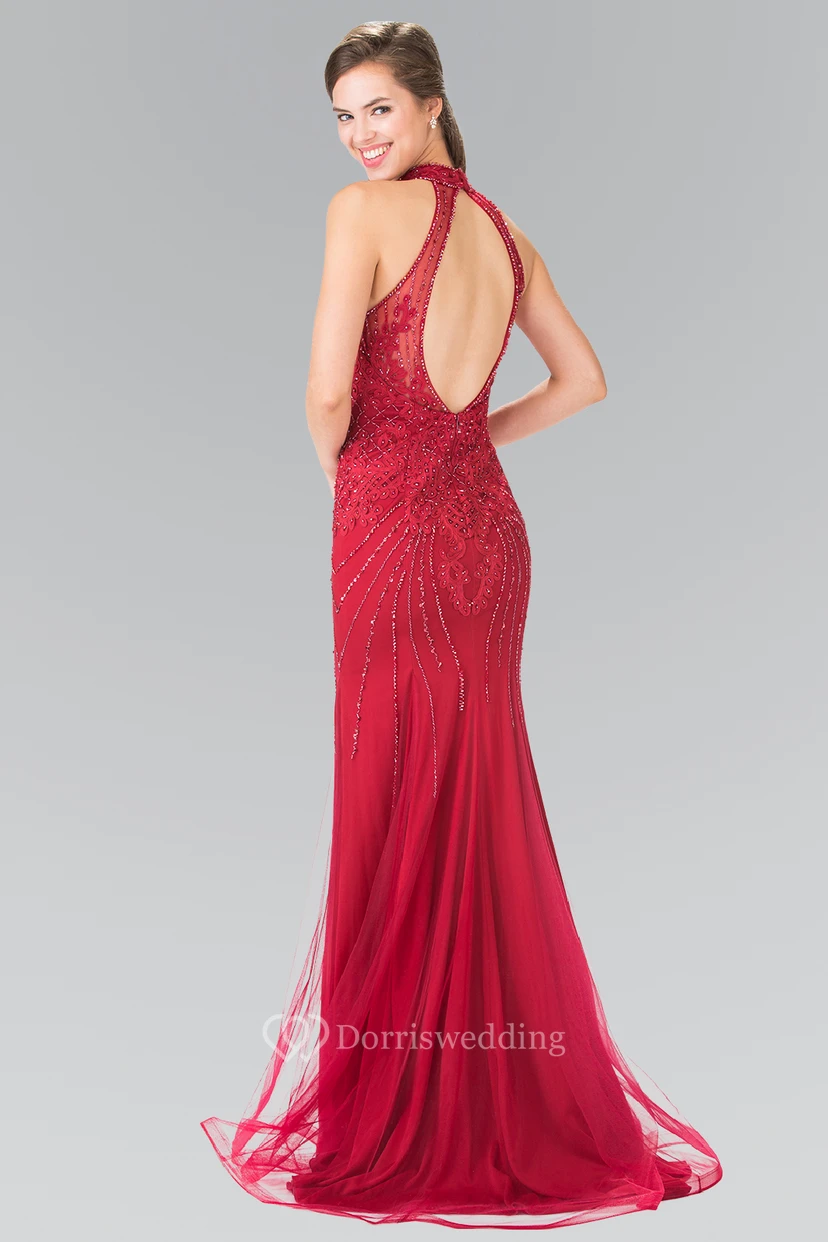 Sheath Floor-Length High Neck Sleeveless Tulle Keyhole Dress With Beading view 2
