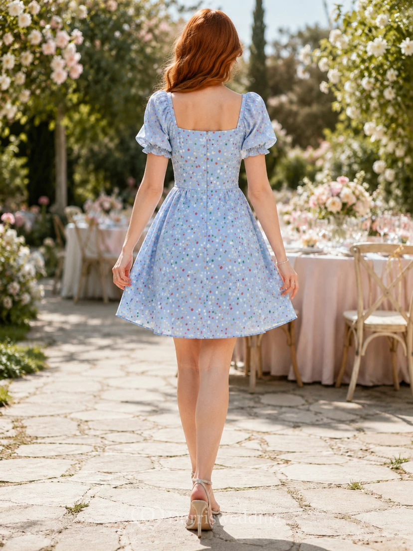 Blue Confetti Square Neck Puff Sleeve Fit Flare Mini Dress view 2