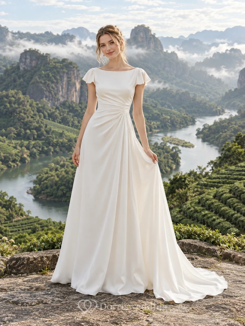 Vestido de novia sencillo y modesto con escote barco, mangas cortas y corte en A.