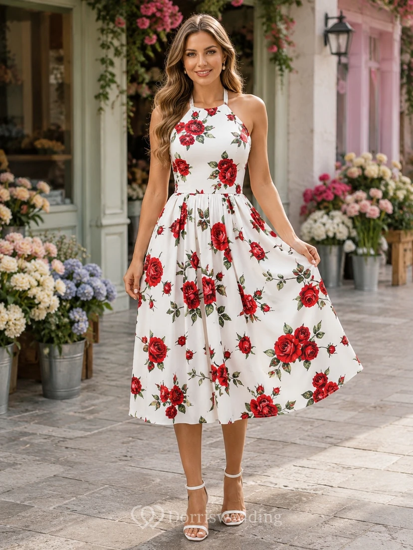 White Red Floral Halter Chiffon Tea Length A-Line Garden Guest Dress