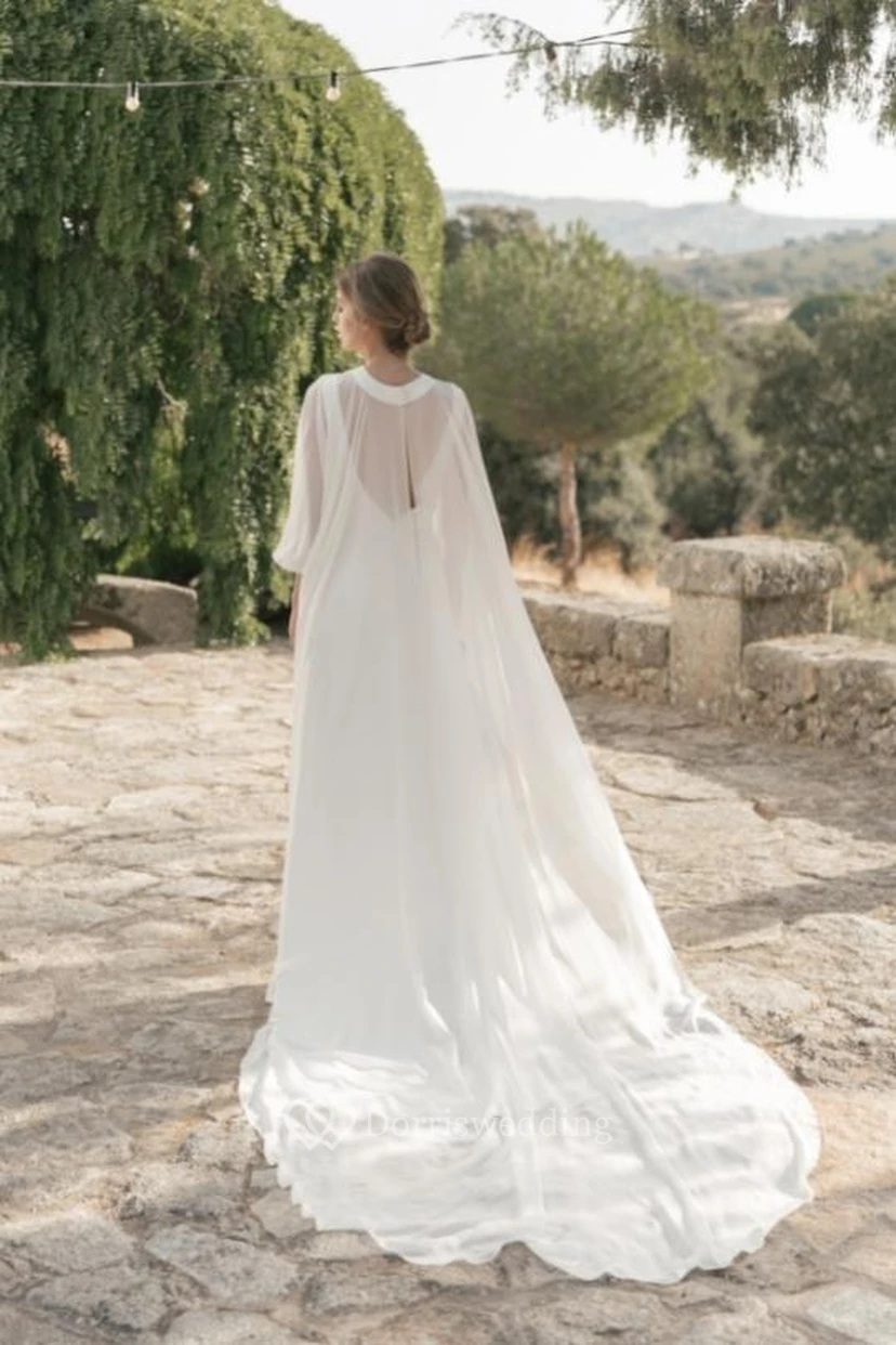 Simple Chiffon Jewel-neck Sheer Sheath Boho Wedding Dress with Cape view 2