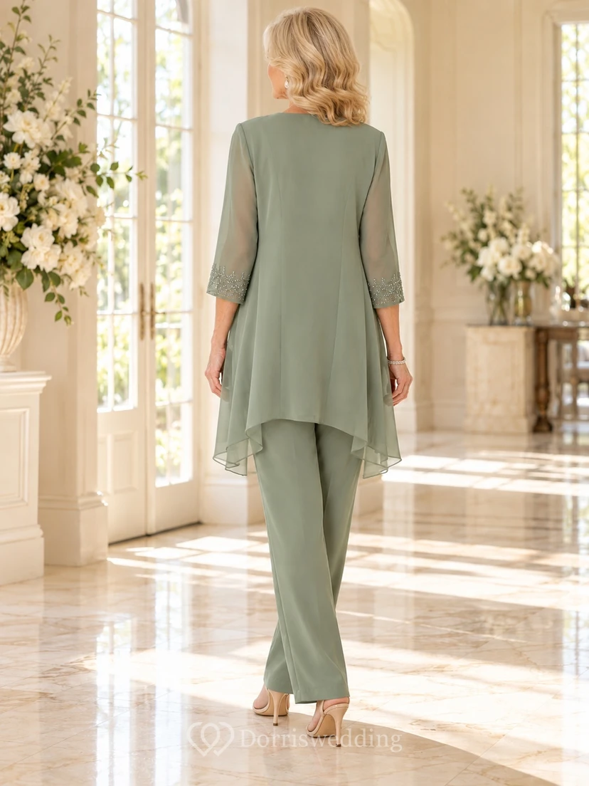 Modest Sage Beaded Three-quarter Sleeve Waterfall Mother Wedding Pantsuit view 2