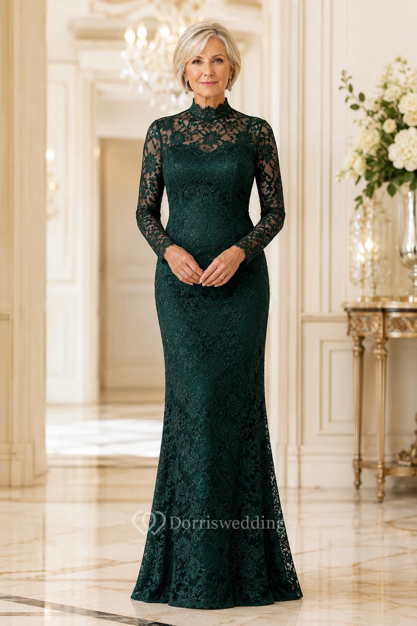 Dark Green High Neck Lace Mermaid Mother Dress with Long Sleeves