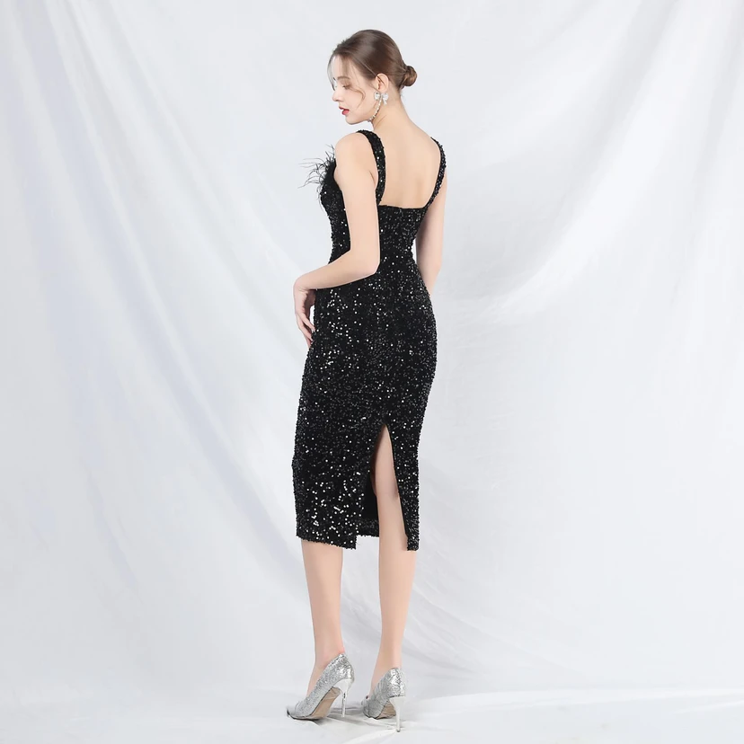 Craft Ostrich Feather Velvet Sequined Evening Dress view 42