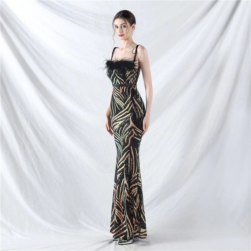 Double-Binding Rope-Binding Craft-Made Ostrich Feather Encrypted Laminated Beads High-End Evening Dress view 13