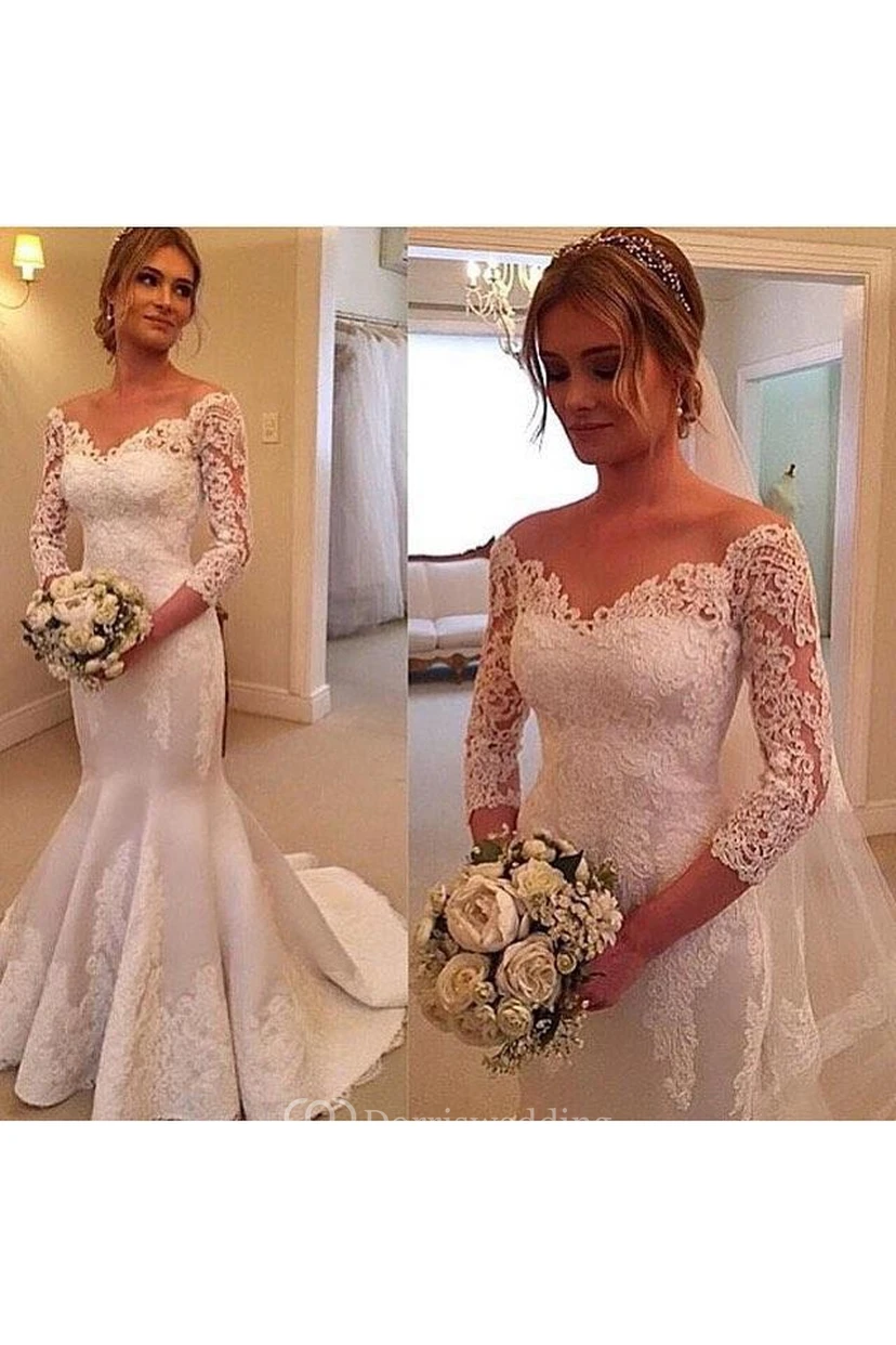 Modern Off-the-shoulder 3-4-longth-sleeve Mermaid Wedding Dress With Lace Appliques view 2