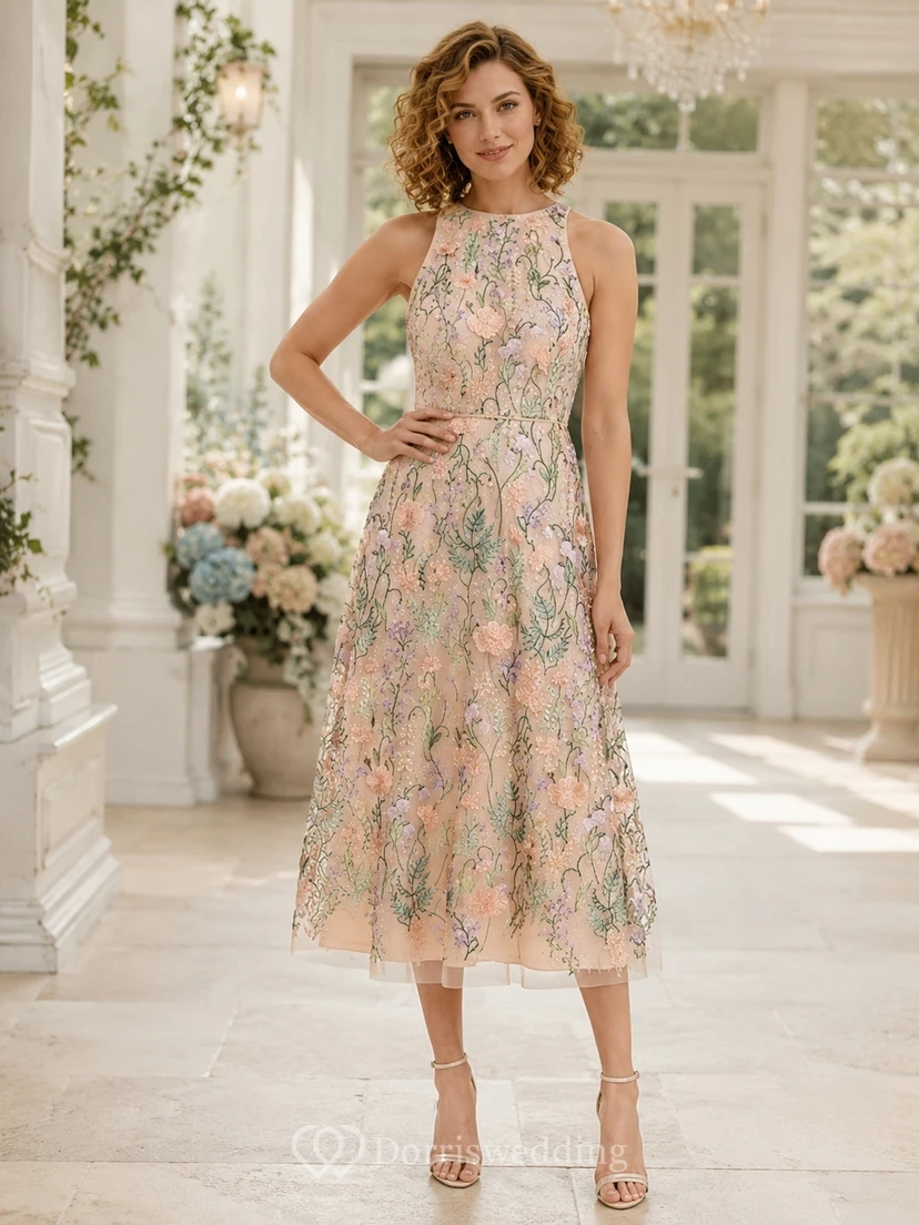 Pastel Floral Embroidered Organza Jewel Neck Pleated Tea-length Garden Guest Dress