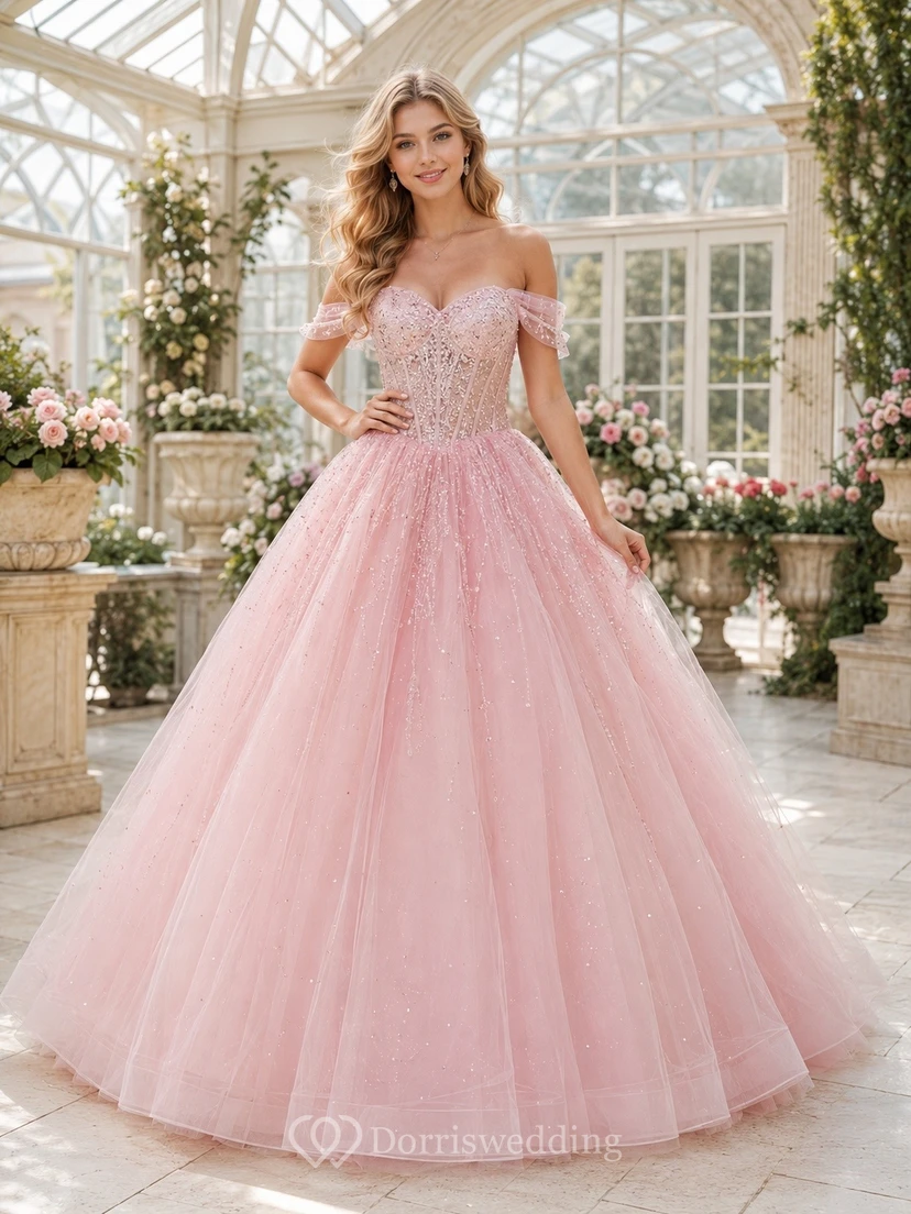 Vestido de princesa de quinceañera con vestido de gala de tul rosa con hombros descubiertos