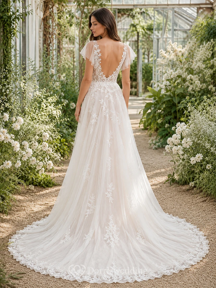 Rustic V Neck Flutter Lace Sleeve A Line Chapel Outdoor Wedding Dress view 2