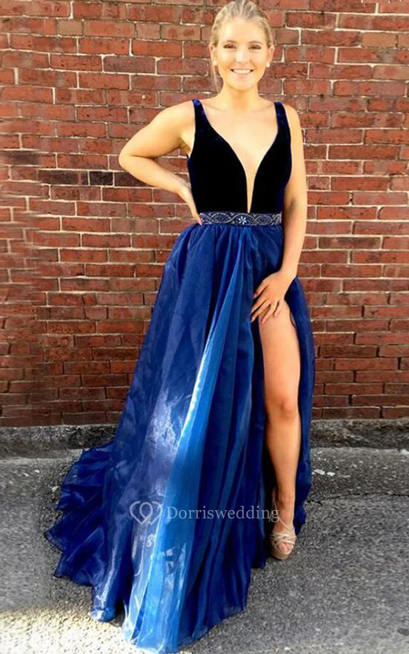 Casual Tulle A Line V-neck Sleeveless Prom Dress With Low-V Back Beading view 2