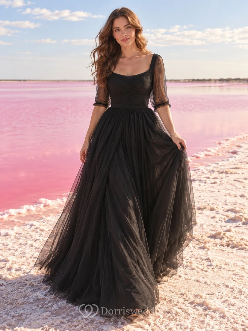 Simple Black Square Half Sleeve Split Tulle A-Line Wedding Dress